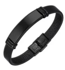 Bán Buôn Xu Hướng Thép Không Gỉ Clasp Mens Tùy Chỉnh Màu Đen Khắc Id Vòng Đeo Tay Da