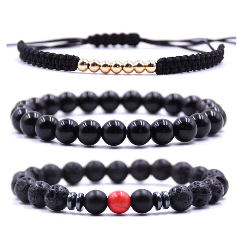 Elegante joyería de los hombres negro natural piedra volcánica lava para hombre de pulsera de encanto