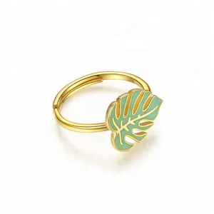 Unique design gold plated jewelry green leaf 925 Sterling silver enamel ring