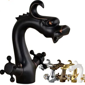 Chinese Dragon Style Washroom Faucets Dual Handle Single Hole Deck Mounted  Bathroom  Hot Cold Mixer Tap Brass Basin faucet