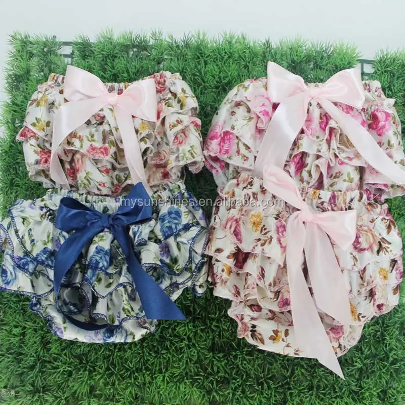 Bombachos de satén con volantes para bebé, cubierta de pañales con Lazo de cinta para niños, bombachos con estampado Floral, bombachos populares con volantes de flores para bebé, venta al por mayor