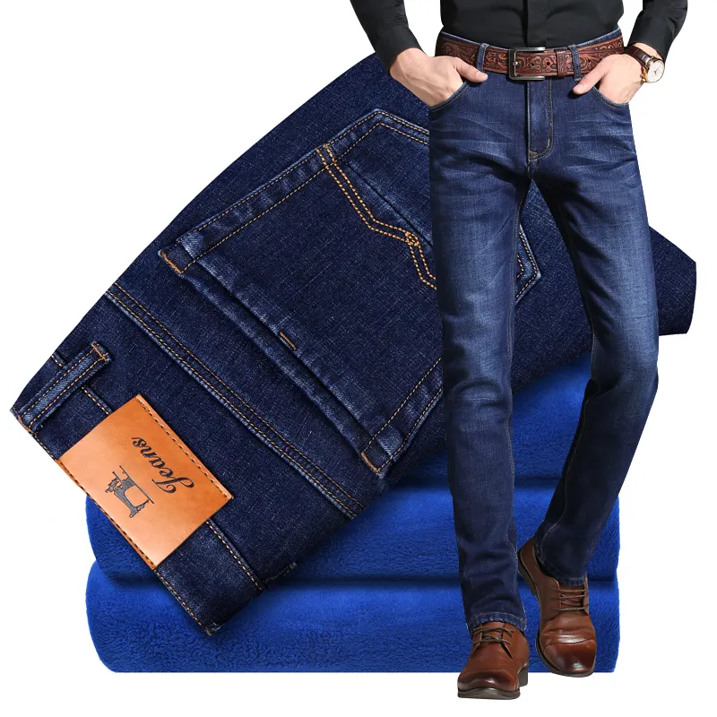 Mens Winter Blue Fleece Jeans Lined Stretch Denim Warm Jeans For Men Designer Slim Fit Brand Pants Jeans Black Blue