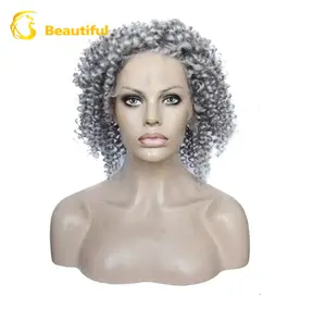 Peluca de cabello humano rizado afro, Pelo Rizado brasileño virgen con cutícula de 12 pulgadas, color gris plateado, encaje frontal, 100%
