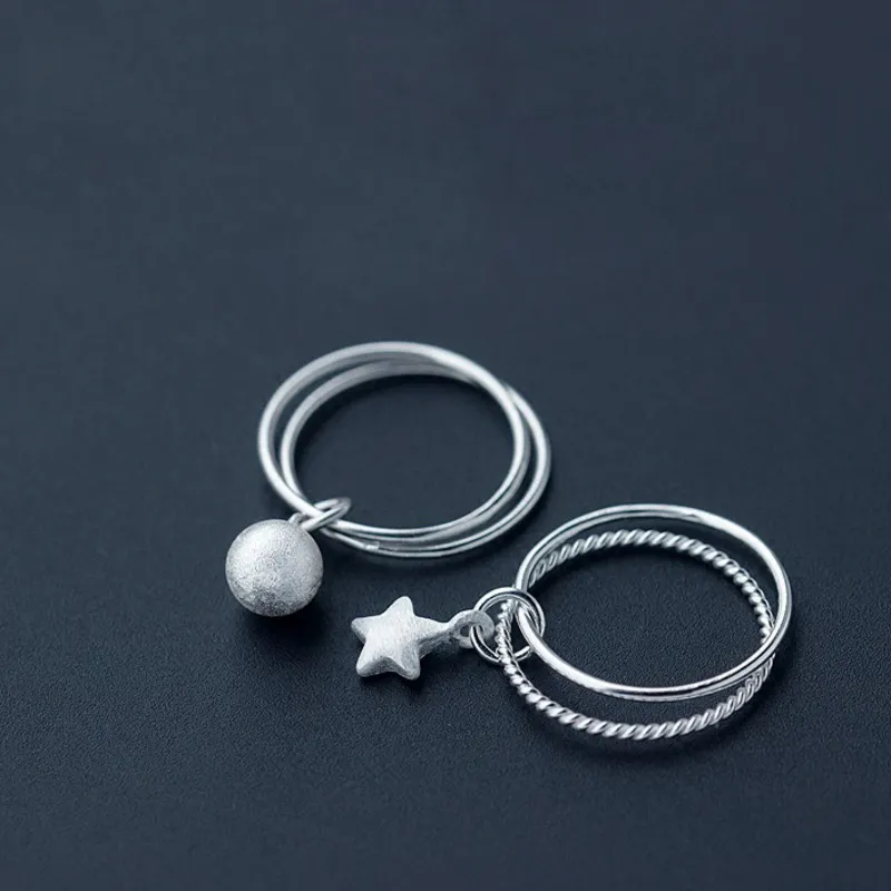Korea Heißer Stil Reine 925 Sterling Silber Einfache Mode Matt Perlen Stern Doppel Ring Schmuck für Frauen