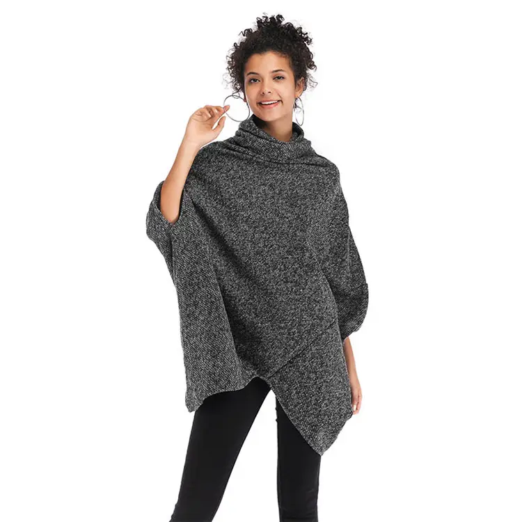 Sample Service Irregular Hem Turtle Neck Batwing Sleeve Knitted Cloak Winter Long Sweaters For Ladies