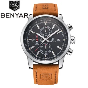 BENYAR-cronógrafo deportivo para hombre, correa de cuero genuino, movimiento japonés, relojes de cuarzo