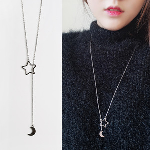 Collar de cadena de suéter de Luna y Estrella de Plata de Ley <span class=keywords><strong>925</strong></span> para niñas