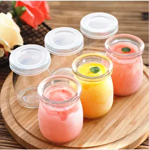 Wholesale 100ミリリットルRound Empty Storage Container Milk Pudding Bottle Glass Yogurt JarsとPlastic Lid