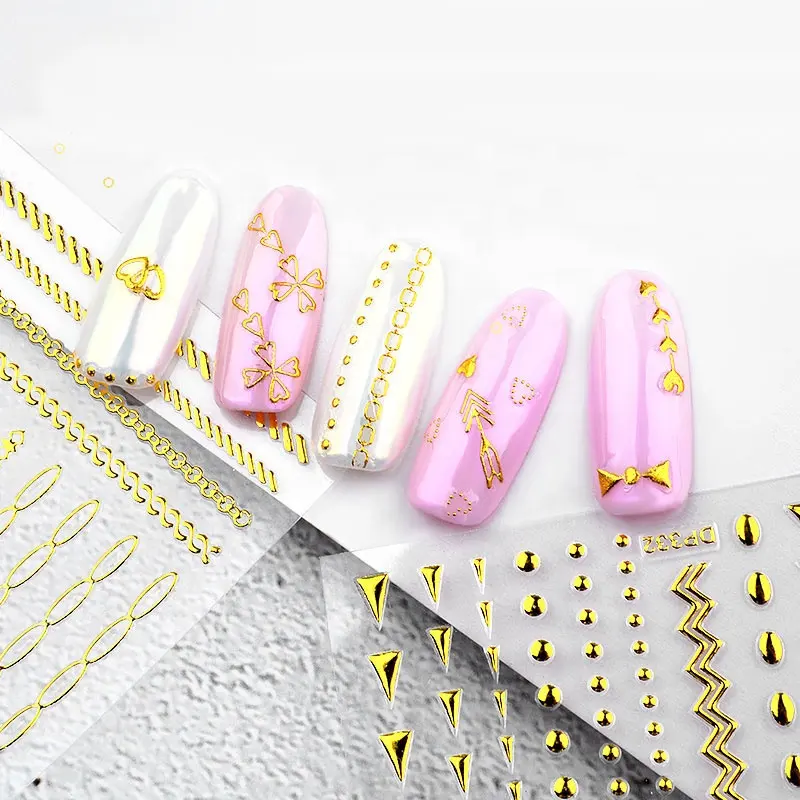 Misscheering-pegatinas para uñas, 1 hoja, Cadenas de Metal doradas, ondas mezcladas, corazón, lazo, 3d, pegatinas adhesivas metálicas doradas