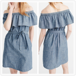 Vuelos baratos de China al por mayor chothing shouler con Ruffles azul vestido casual para damas verano con cinturón 2017 - Product Image 1