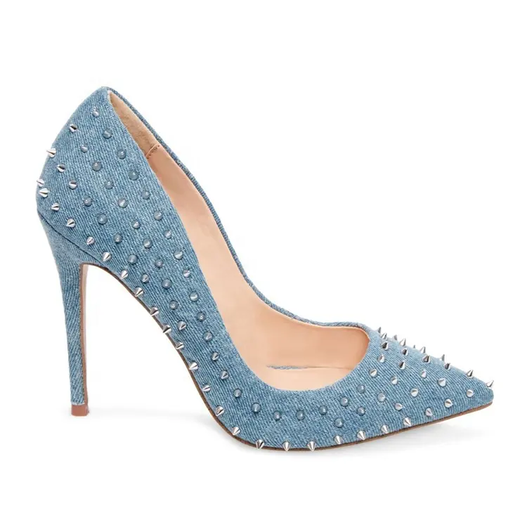 Stunning 2020 Women Denim Metal Spikes High Heel Pointed Pumps