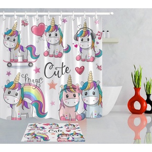 2023 più caldo all'ingrosso bagno Decor 100% poliestere tessuto stampa digitale <span class=keywords><strong>bambini</strong></span> <span class=keywords><strong>bambini</strong></span> simpatico cartone animato unicorno tenda da doccia - Product Image 2