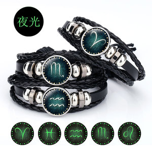 Mulit-capas 12 Constelaciones pulseras de botón de cristal luminoso <span class=keywords><strong>pareja</strong></span> aleación hecha a mano cuero trenzado pulseras del zodiaco regalo - Product Image 2