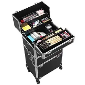 360-degreed Wheels 3-in-1 Aluminum Artist Rolling Trolley Makeup Train Case Cosmetic Organizer Makeup Case for Beauty