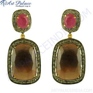 <b>Diamond</b>.Glass Feed Ruby Earring Indian Ruby Earrings Sterling Silver 925 Solid Gemstone Dangle Earrings Silver Metal Women - Product Image 1