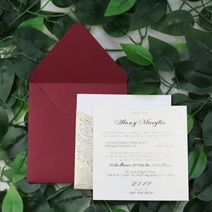 Invitation de <span class=keywords><strong>mariage</strong></span> découpée au laser de paillettes d'or de beau motif de cygne avec l'enveloppe bourgogne - Product Image 3