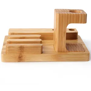 For Cell Phone Apple Watch 38/42mm Multi-function Stand Dual Desk Natural Bamboo Wood Charge Holder Station