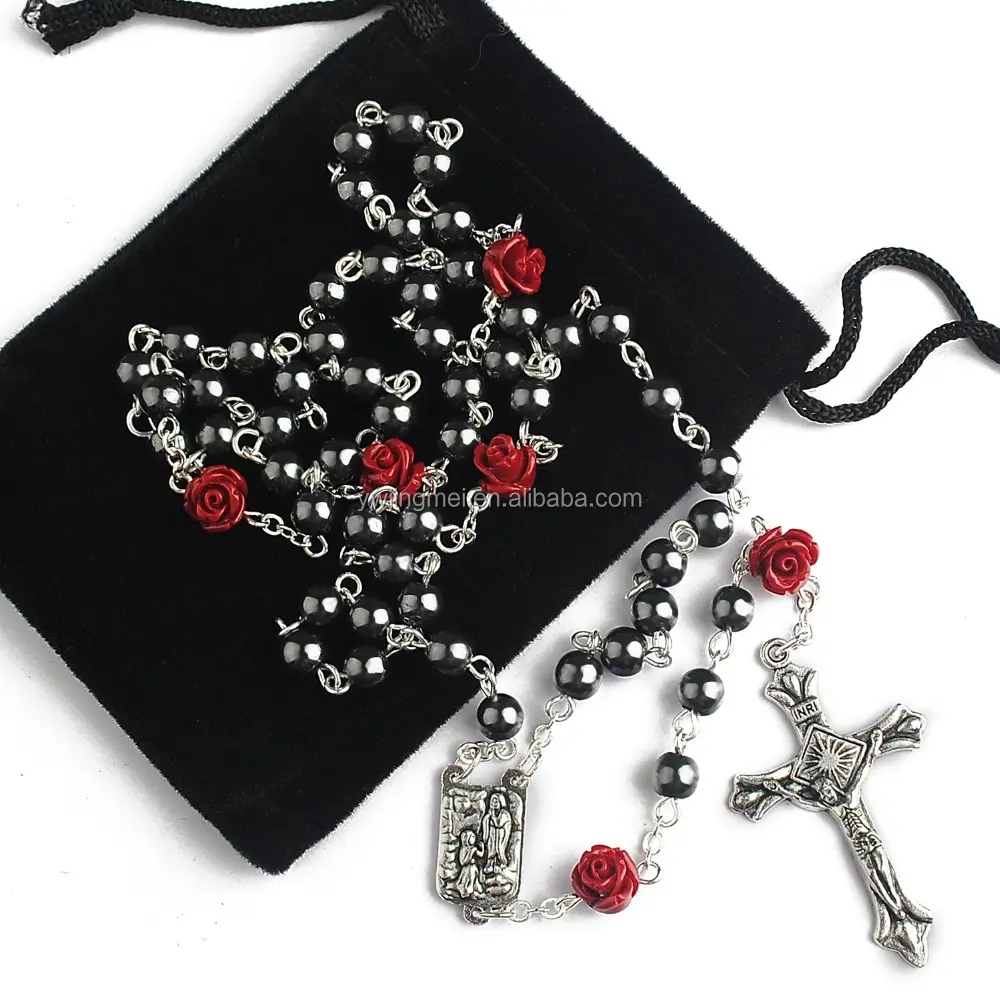 6mm Hematite Round Beads with 8mm Coral Rose beads Catholic Rosary with Velvet bag