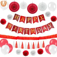 46個の赤と白の誕生日パーティーの装飾紙ファン風船お誕生日おめでとうバナーポンポンフラワー