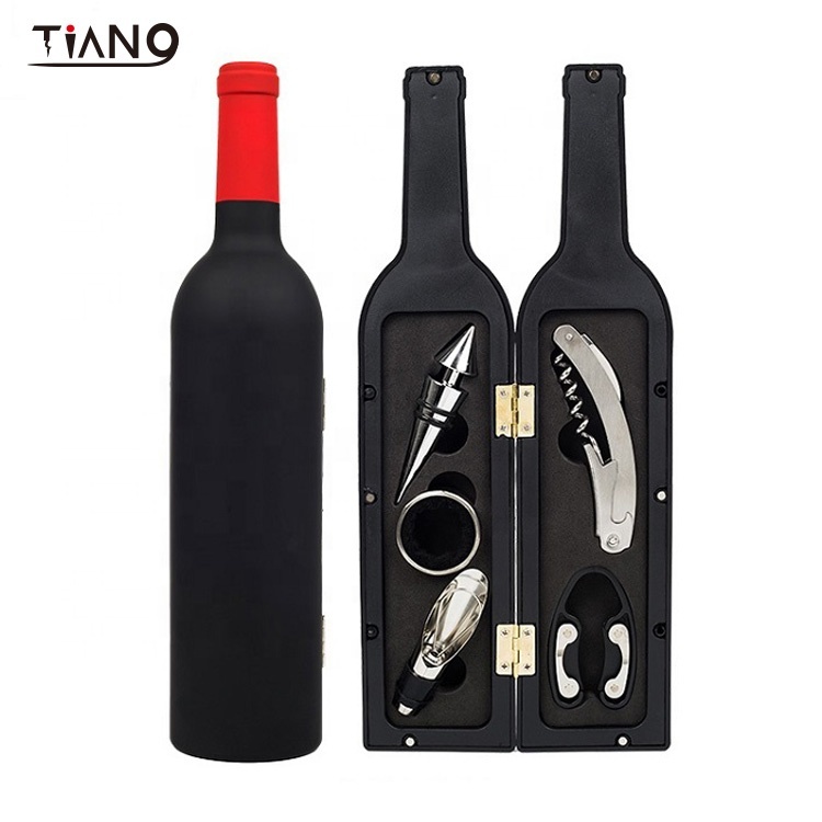 Set da vino nero da 5 pezzi a forma di bottiglia con tappo rosso