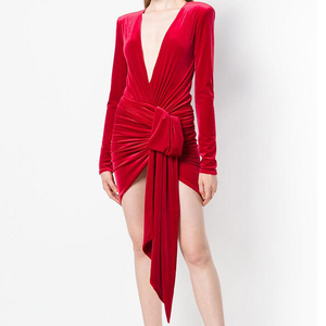 Otoño mujer nuevo <span class=keywords><strong>terciopelo</strong></span> rojo sólido Color v-cuello Sexy manga larga vaina vestido con un empate cintura YLDR215D - Product Image 3