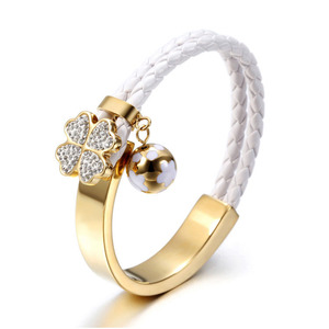Pulsera de Moda OEM para Mujer, Hecha a Mano, de Acero Inoxidable, con Trébol de Cuatro Hojas y Circonita, Brazalete de Cuero Fino - Product Image 2