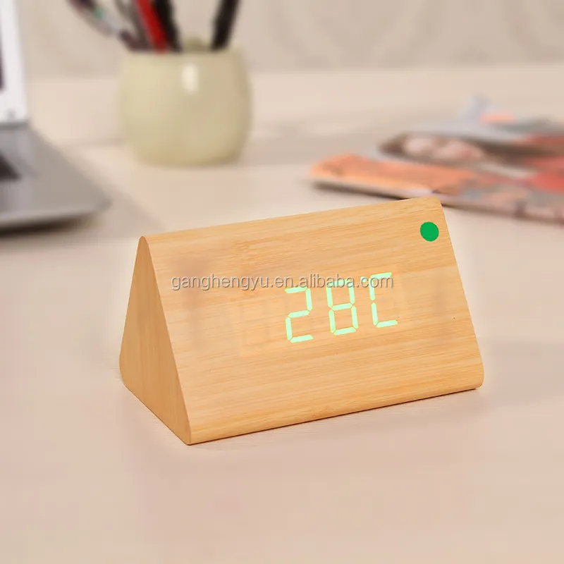 Mini triangle LED wooden alarm clock, rechargeable clock
