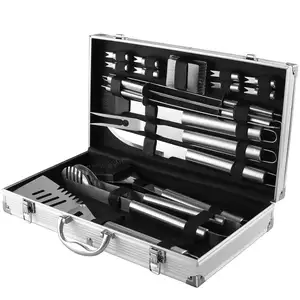19 PCS Stainless Steel BBQ Grill Tools Set Barbecue Accessories Aluminum Case Outdoor Portable Camping Grilling Cooking Utensil
