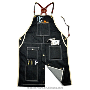 Durable Bib Kitchen Apron Coffee <b>Denim</b> Apron With Cow Leather Strap Unisex Adjustable <b>Denim</b> <b>Jean</b> Kitchen Apron With Pockets - Product Image 1