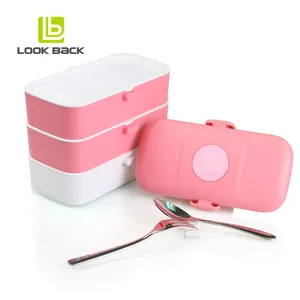 2023 Hot Sale 1.3L Green Pink Blue Oval Plastic 3 Layers Lunch Bento Box with Stainless Steel Cutlery