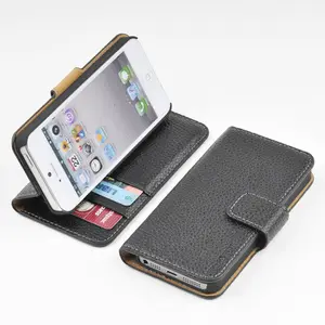 Wallet case for i5 5S GENUINE LEATHER Wallet Card Holder+Pouch+Stand Filp Case Cover BLACK O-2S-BK