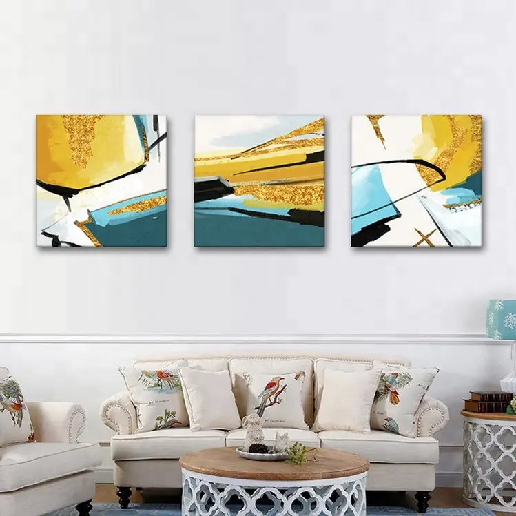 Set of 3 vibrant modern abstract printed canvas art with gold foil emblishiment wall art for living room