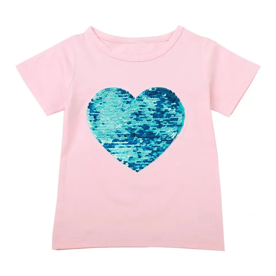 Fashion Cheap 100%Cotton Jersey Little Girls' Shining Flip Heart Sequin Embroidery T-shirt 2-7 Years