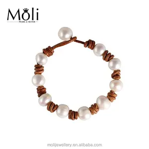 Retro Natural Style 1mm Brown Leather 9-10mm Genuine Pearl Bracelet for Summer Holiday