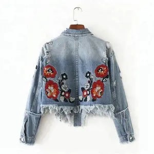 D&S factory dropshipping vintage blue fringed hem ladies denim jacket bangladesh ripped cropped floral embroidery jacket women