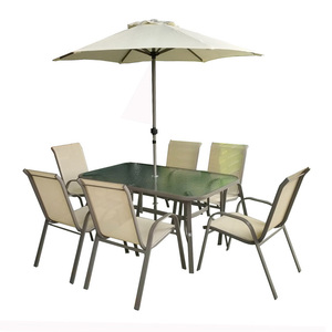 Uplion Popular pátio mobiliário metal jardim conjunto com guarda-chuva vidro ao ar livre top metal jantar mesa cadeira set