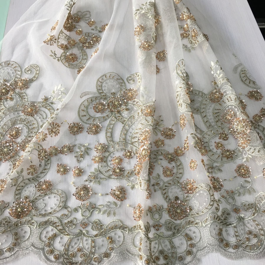 Красивая кружевная ткань для платья, кружевная Тюлевая ткань ручной вышивки бисером и блестками для свадебного платья или невесты