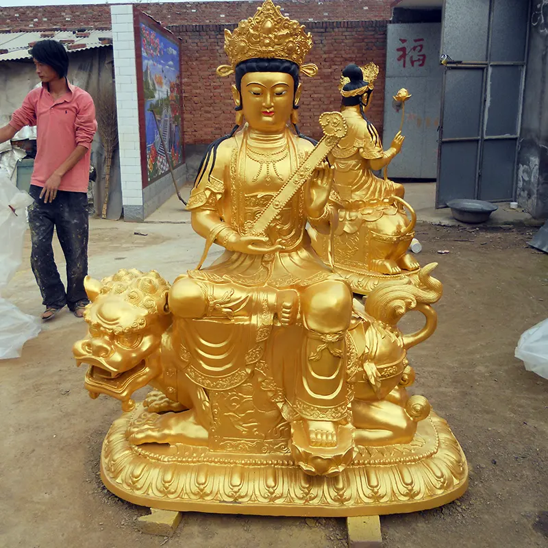 Leben größe religiöse metall bronze casting buddha reiten auf lion für tempel