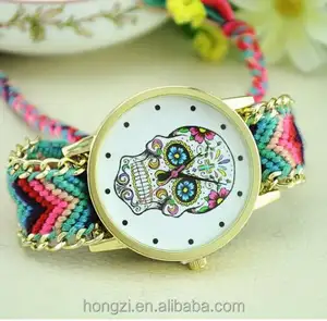 Platine Montre Femmes vintage Mexicain Catrina Style Crâne montre-bracelet De Mode Dentelle Doré Tressé Chaîne Reloj