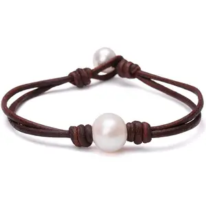 Pulsera de perlas de agua dulce cultivadas para mujer, joyería de perlas de cuero hecha a mano