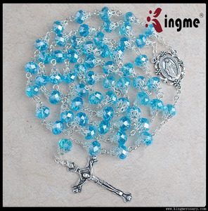 Cuentas de cristal azul claro, 6x8mm, collar del rotario católica con Medalla de la Virgen María, gran oferta - Product Image 2