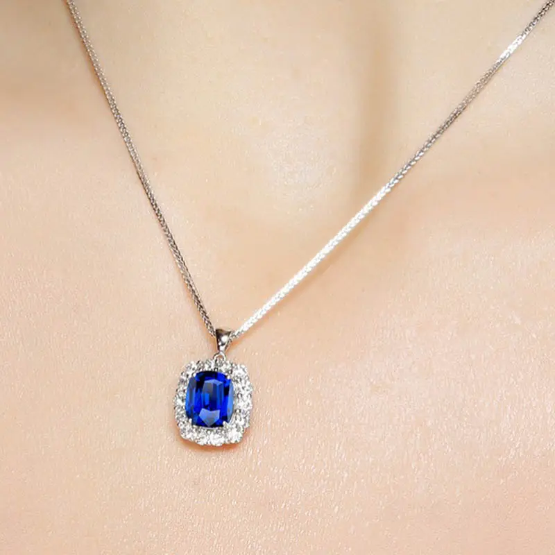 Joias finas, joias de luxo de luxo 18k, ouro branco 2.83ct, pedra preciosa natural, colar de pingente de safira azul, anel de duas vias