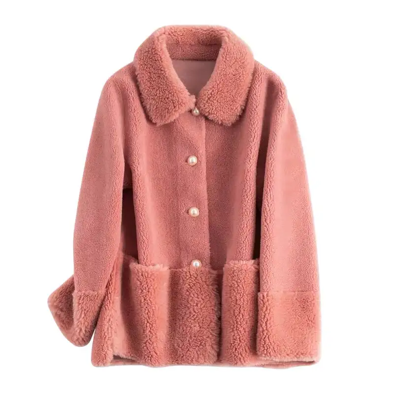 حار بيع رخيصة أزياء معطف فرو الغنم الحقيقي الوردي المرأة الروسية الشتاء معطف