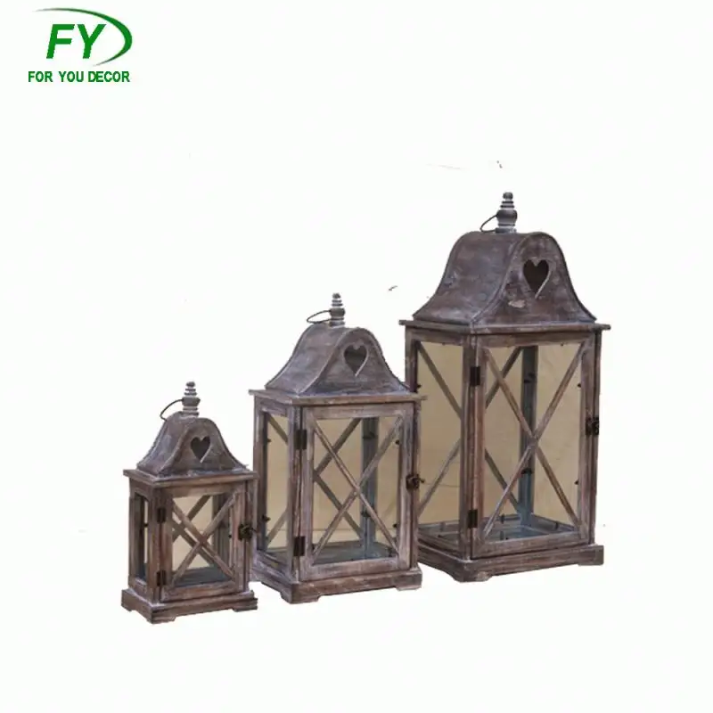 Reusable aged wood &glass lantern candle holder wood lantern