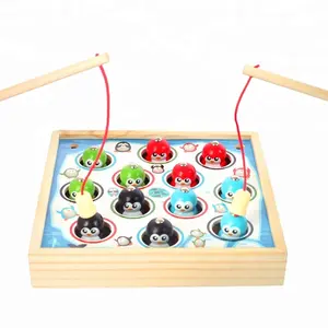 Yiwu City Free Shipping 2018 Hot Sale MZL-111 Wooden Magnetic Fishing Game with 2 Poles Toys Penguin Kids Toys