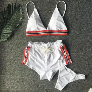 Oem Drawstring Bikini Sport Matching 3 Piece Swimwear Women With Button