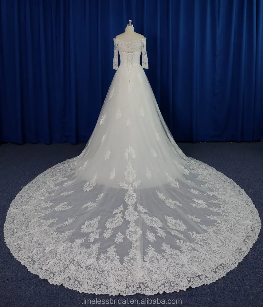 Hot sale off shoulder 3/4 sleeves vintage lace wedding dress with long train