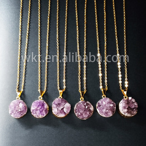 WT-N348 Wholesale Natural Round Druzy <strong>Amethyst</strong> <strong>Necklace</strong>, Hot Tiny Raw <strong>Amethyst</strong> <strong>Necklace</strong> With Gold Dipped - Product Image 2