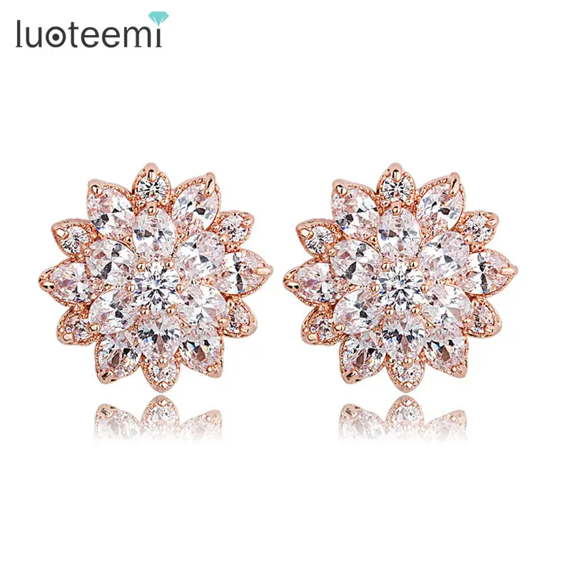 LUOTEEMI Rose Pink Gold Plated Luxury Excellent Cut Clear Cubic Zirconia Women Valentine's Day Gift Jewelry Flower Earrings