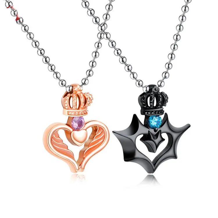 Ожерелье SWTR1478 из нержавеющей стали для пар, кулон король, королева, корона, кулон, колье с любовным сердцем и кристаллами для влюбленных
